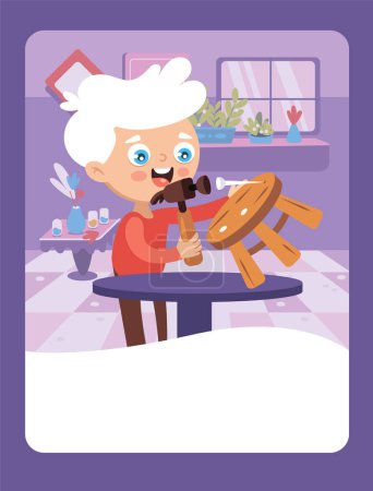 Téléchargez les photos : Vector illustration in cartoon style of a carpenter making a chair. It can be used as a playing card, educational drawing for kids, learning element. - en image libre de droit
