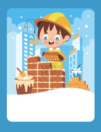 Téléchargez les illustrations : Vector illustration in cartoon style of a builder at a construction site. It can be used as a playing card, educational drawing for kids, learning element. - en licence libre de droit