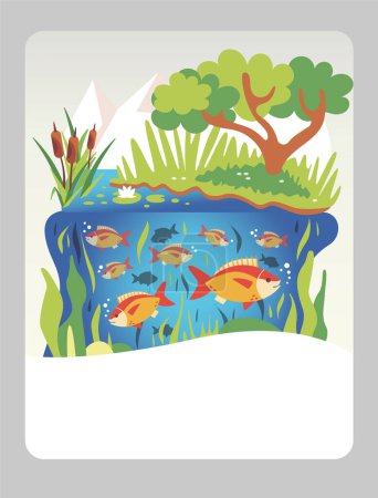 Téléchargez les illustrations : Vector illustration of several fish in a forest lake. It can be used as a playing card, educational drawing for kids, learning element. - en licence libre de droit