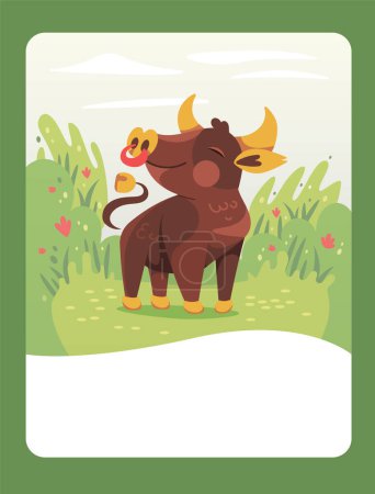 Téléchargez les illustrations : Vector illustration of a bull in cartoon style on a green meadow. It can be used as a playing card, learning material for kids - en licence libre de droit