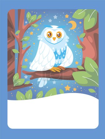 Illustration for Vector illustration of an owl in cartoon style in the night forest. It can be used as a playing card, learning material for kids. - Royalty Free Image