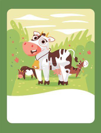 Ilustración de Vector illustration of a calf in cartoon style in a field. It can be used as a playing card, learning material for kids. - Imagen libre de derechos