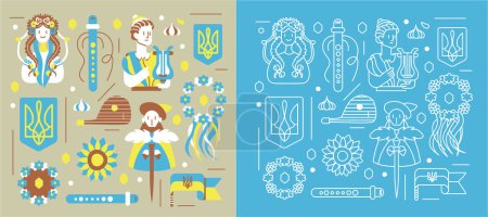 Illustration for Set of vector icons in a pattern: Ukrainian girl, man with lyre, Ukrainian coat of arms, wreath, sunflower, etc. Pattern in brown and blue color. - Royalty Free Image