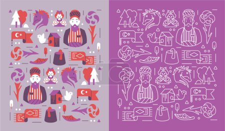 Téléchargez les illustrations : Ensemble d'icônes vectorielles en motif : arbres, cheval, drapeau de dinde, nichoir, etc. Modèle de couleur gris-violet. - en licence libre de droit