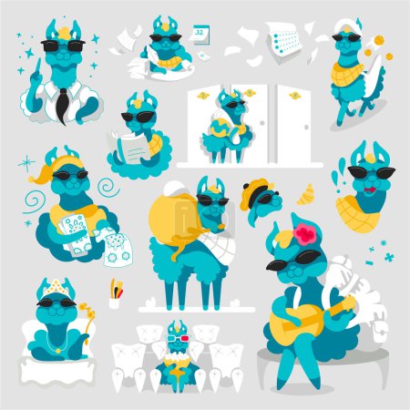 Ilustración de Conjunto de pegatinas con el carácter del vector lama en estilo plano de dibujos animados. - Imagen libre de derechos