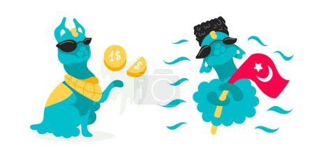 Illustration for Vector character Lama tosses coins. Lama with the flag of Turkey. - Royalty Free Image