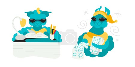Illustration for Vector character Lama is preparing for exams at the University. Lama distributes flyers with info about coronovirus. - Royalty Free Image