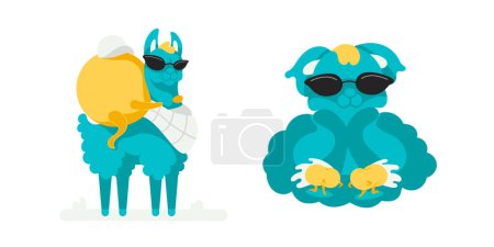 Illustration for Vector character Lama with a rider on his back. Lama watches strange creatures. - Royalty Free Image
