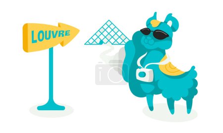 Illustration for Vector character Lama on tour in the Louvre, Paris, France. - Royalty Free Image