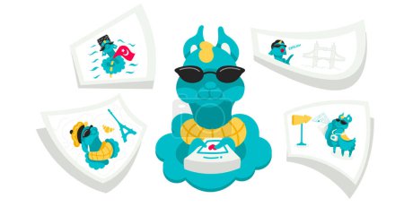 Illustration for Set of stickers with lama vector character in cartoon flat style. - Royalty Free Image