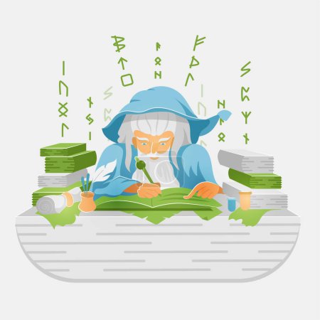 Illustration for Vector flat illustration of a wizard reading a rune book of spells. - Royalty Free Image