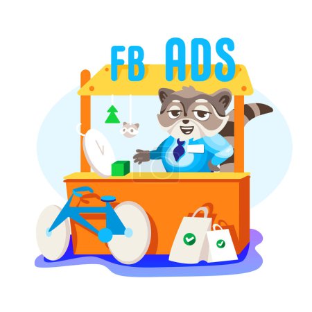 Illustration for Vector sticker manager raccoon makes sales using Facebook ads. Illustration in cartoon style. - Royalty Free Image
