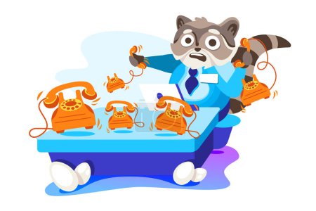 Illustration for Vector sticker manager raccoon receives a lot of incoming calls. Illustration in cartoon style. - Royalty Free Image