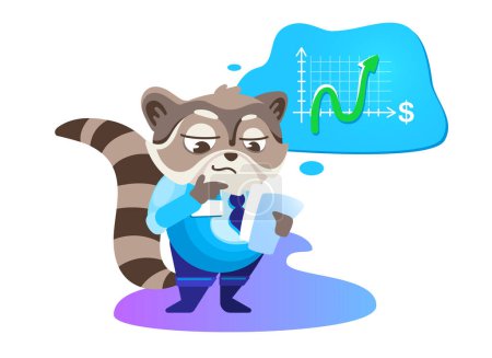 Illustration for Vector sticker manager raccoon plans a task next to a growth chart. Illustration in cartoon style. - Royalty Free Image