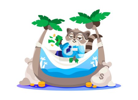 Illustration for Vector sticker manager raccoon happy with business and profit is resting on a tropical island. Illustration in cartoon style. - Royalty Free Image