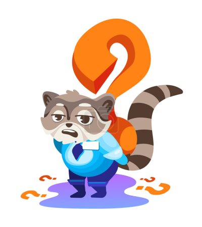 Illustration for Vector sticker manager raccoon carries a load of questions and tasks. Illustration in cartoon style. - Royalty Free Image