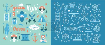 Illustration for A set of vector icons in a pattern: anchor, train, feather, scales, fly agaric, etc. Pattern in blue-green color. - Royalty Free Image