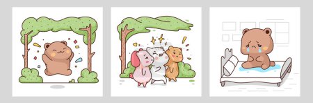 Illustration for Vector flat illustration with bear and cat characters. The bear is in love with the cat girl, she flirts with others, the bear cries. - Royalty Free Image