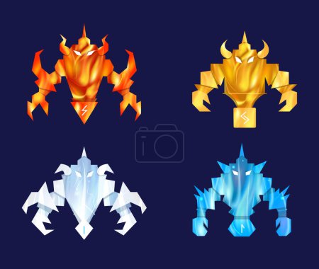 Illustration for Vector concept of game monsters of fire, water, wind and earth in a cartoon style. - Royalty Free Image
