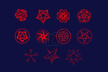 Téléchargez les illustrations : Ensemble d'emblèmes magiques vectoriels, pentagrammes, pentacles et motifs de sorcellerie. - en licence libre de droit