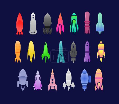 Illustration for Vector set of spaceships in different shapes and colors. - Royalty Free Image