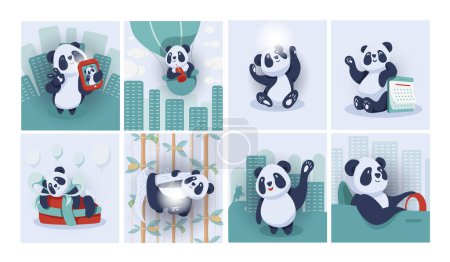 Téléchargez les illustrations : Ensemble d'illustrations vectorielles de mignon personnage de panda. Prends un selfie, vole dans un ballon, à côté d'un calendrier, reçoit un cadeau, dans une forêt de bambous, salue, etc.. - en licence libre de droit