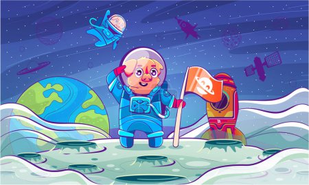 Illustration for Vector illustration of a pig astronaut on the moon in cartoon comic style. - Royalty Free Image