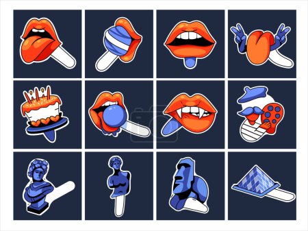 Illustration for Set of vector stickers of lollipop. Lips, fangs, tongue, kiss, cake, Louvre, Easter Island, Venus, etc. - Royalty Free Image
