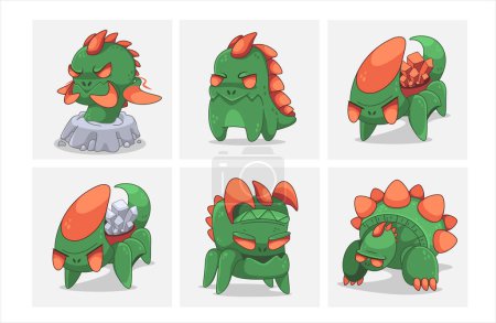 Téléchargez les illustrations : Ensemble de personnages de jeux vectoriels de dragons verts dans le style de dessin animé. - en licence libre de droit