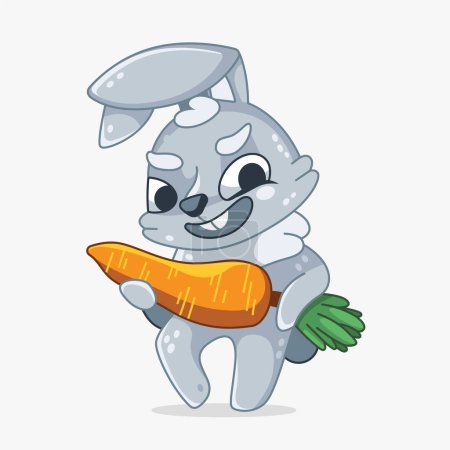 Téléchargez les illustrations : Personnage vectoriel lièvre dangereux agressif avec une grosse carotte dans ses mains dans le style de dessin animé. - en licence libre de droit