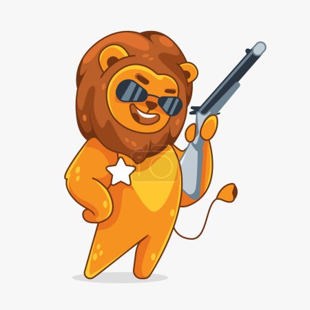 Ilustración de Vector personaje león con un rifle y estrella del sheriff en estilo de dibujos animados. - Imagen libre de derechos