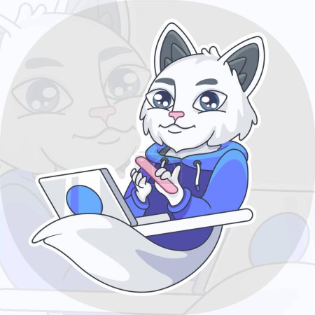 Téléchargez les illustrations : Personnage vectoriel chat blanc avec ordinateur portable dans le style de dessin animé. - en licence libre de droit