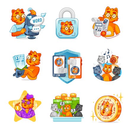Illustration for A set of vector stickers with a cartoon character of a cute ginger cat. Freedom of speech, protection, communication, singing cats, cryptocurrency, etc. - Royalty Free Image
