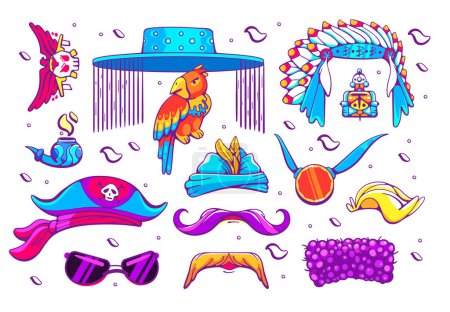 Téléchargez les illustrations : Ensemble d'accessoires vectoriels : moustache, pipe, perroquet, chapeau mexicain, coiffe indienne, chapeau pirate, lunettes, etc.. - en licence libre de droit