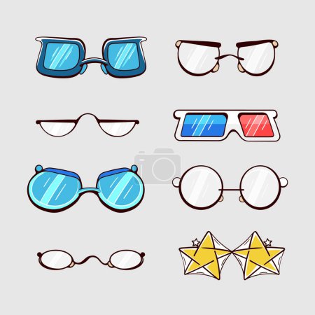 Illustration for Set of vector elements glasses of different shapes and sizes in cartoon comic style. - Royalty Free Image