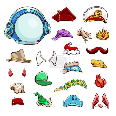 Illustration for Set of vector elements of hairstyles and hats. Helmet, judge's cap, officer's cap, crown, Santa hat, mustache, wreath, horns, etc. - Royalty Free Image