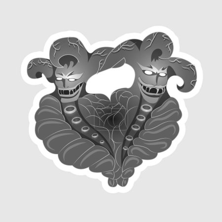 Illustration for Vector image of a demon jester Siamese twins. This can be used as a game element, avatar, icon, tattoo, etc. - Royalty Free Image