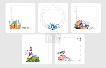Illustration for Vector frames on a marine theme in a cartoon style. Seabed, pearls in a shell, sea sweets, a lighthouse, a seagull and seashells. - Royalty Free Image