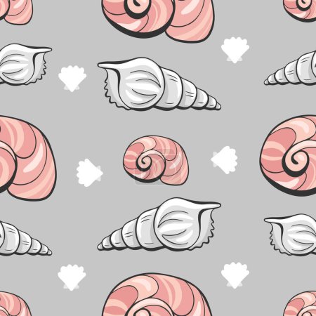 Illustration for Vector pattern of cone shells and sea snails in cartoon comic style. - Royalty Free Image