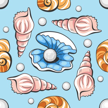 Ilustración de Patrón vectorial de conchas marinas con perlas y conchas cónicas en estilo cómico de dibujos animados. - Imagen libre de derechos