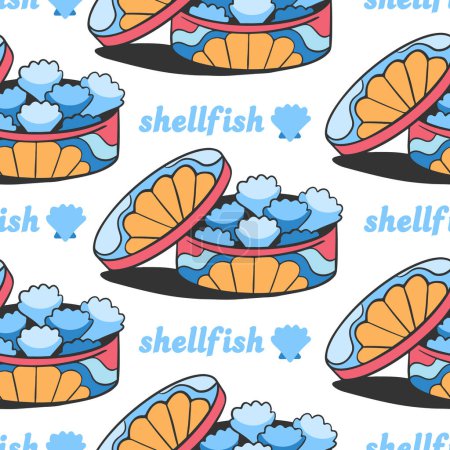 Illustration for Vector pattern box of candies and sweets similar to shells, Shellfish lettering in cartoon comic style. - Royalty Free Image
