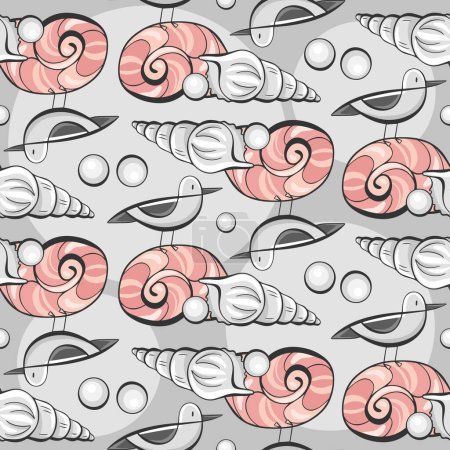 Ilustración de Patrón vectorial de cono de caracol de mar y gaviotas bajo el agua en estilo cómico de dibujos animados. - Imagen libre de derechos