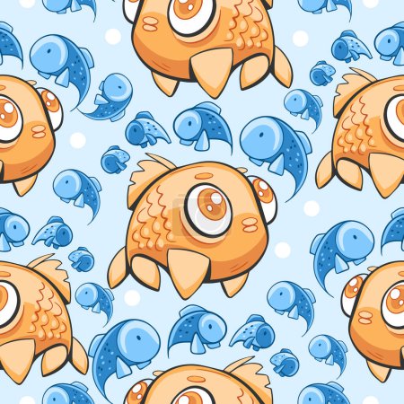 Téléchargez les illustrations : Modèle vectoriel de poissons marins mignons sous l'eau dans le style bande dessinée. - en licence libre de droit