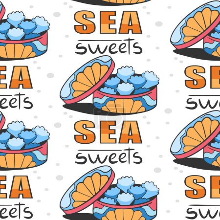 Illustration for Vector pattern with sweets in the form of sea shells and lettering in cartoon comic style. - Royalty Free Image