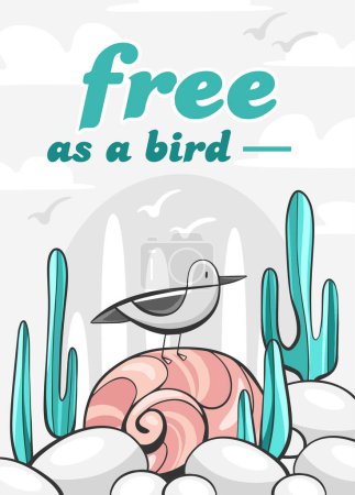 Téléchargez les illustrations : Illustration vectorielle d'une mouette sur le rivage et lettrage Libre comme un oiseau en style dessin animé. - en licence libre de droit
