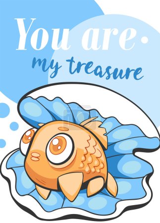 Illustration for Vector postcard shell with cute fish and lettering You are my treasure in cartoon comic style. - Royalty Free Image