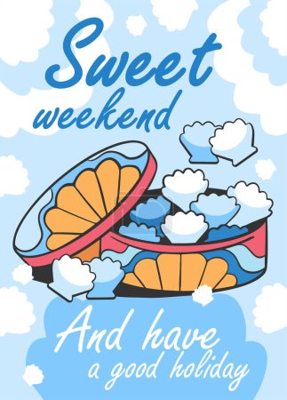 Téléchargez les illustrations : Boîte de cartes postales vectorielles de bonbons et bonbons similaires à des coquillages, lettrage Sweet weekend dans le style bande dessinée. - en licence libre de droit