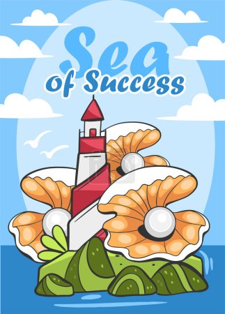 Ilustración de Faro de patrón vectorial, concha con una perla y letras Sea of Success en estilo cómico de dibujos animados. - Imagen libre de derechos