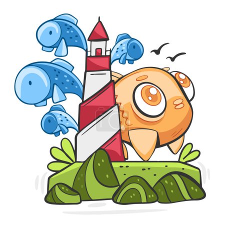 Téléchargez les illustrations : Illustration vectorielle d'un phare en mer avec mouettes et poissons en dessin animé. - en licence libre de droit