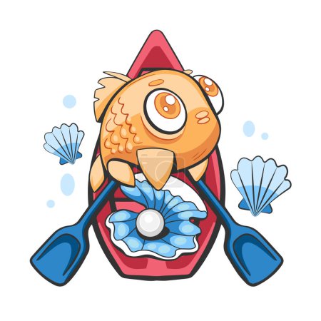 Illustration for Vector illustration of a cute fish carrying pearls in a shell in a boat in a comic cartoon style. - Royalty Free Image